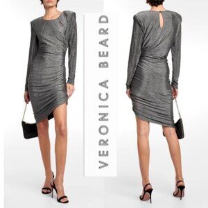Veronica Beard Cyrus Metallic Long Sleeve Ruched Mini Dress Gunmetal Size Medium